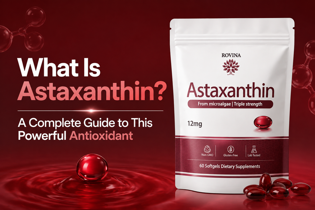 Natural astaxanthin antioxidant supplement with microalgae and marine food sources
