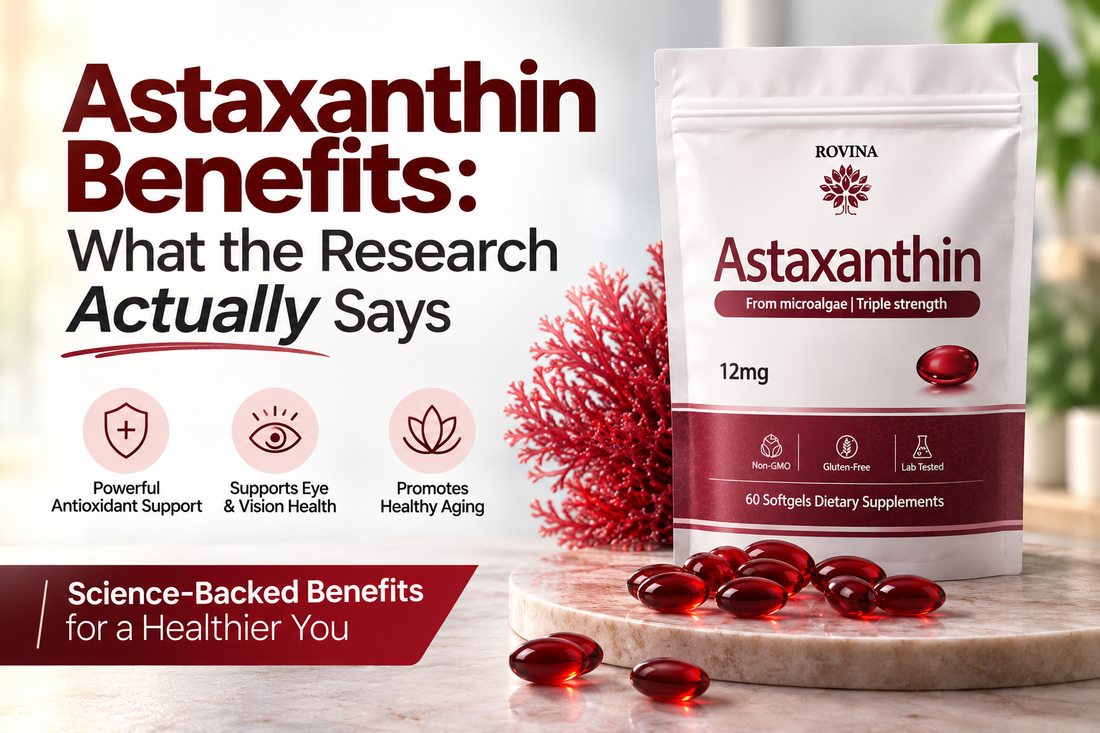 Natural astaxanthin supplement highlighting potential benefits for skin, eyes, antioxidant support and exercise recovery