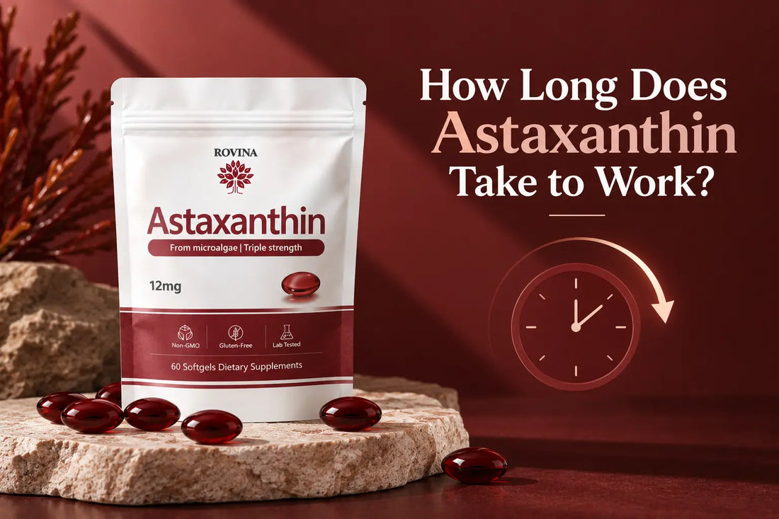 Astaxanthin supplement showing typical timelines for skin, eye and recovery benefits